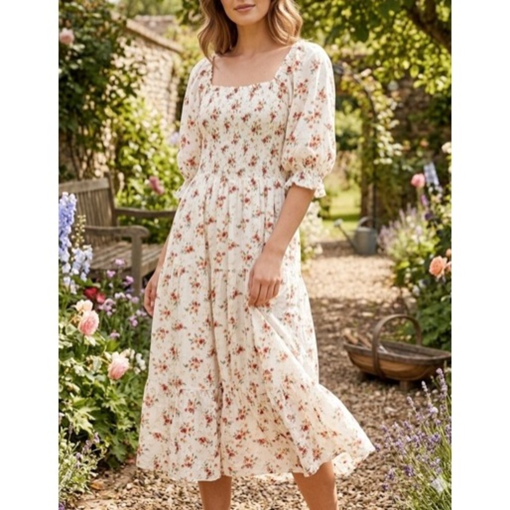 Polagram Smocked Floral Midi Dress Size Large White Cottagecore Puff Sleeve